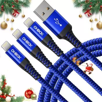 Кабель для зарядки iPhone 3M, набор из 3 кабелей Lightning, прочный кабель Lightning, предотвращение отсоединения, кабель для зарядки iPhone, быстрая передача данных iPhone