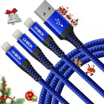 Кабель для зарядки iPhone, набор из 3 кабелей Lightning, 2 м, сверхпрочный кабель для iPhone, предотвращение поломки шнура для зарядки iPhone, быстрая передача данных, совместимо с синий