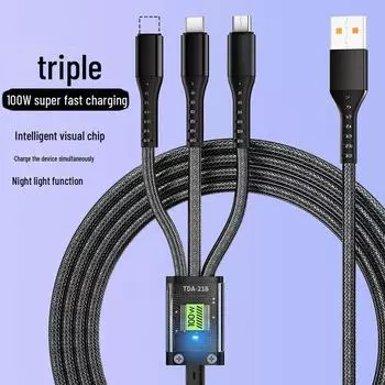 Кабель для зарядки мобильного телефона 3-в-1 с функцией быстрой зарядки мощностью 100 Вт, визуальным чипом, разъемом Type-C и световым индикатором. medium card one to three (bare wire) прозрачный