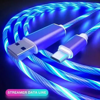 Кабель для зарядки типа C USB для быстрой зарядки со светодиодной подсветкой, светящийся кабель для зарядки и передачи данных для iPhone 14 13 Pro Max Xiaomi Universal For iPhone-1m синий