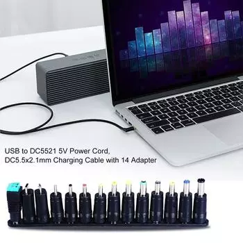 Кабель для зарядки USB - DC5521, кабель питания USB - DC5V, кабель для зарядки 5,5x2,1 мм и 14 адаптеров для нескольких устройств