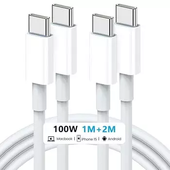 Кабель для зарядки USB Type C C/Type to Cable [1 м + 2 м, комплект из 2 шт.] Совместимость с PD, сверхбыстрая зарядка 100 Вт/5 А, USB-C и предотвращение отключения iPhone 16/16