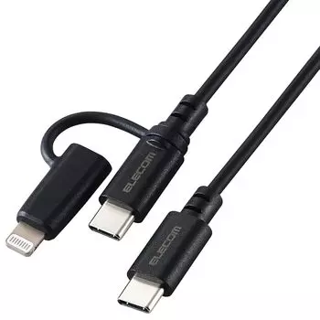 Кабель ELECOM USB Type-C 2 в 1 Type-C + кабель-переходник Lightning 2 м PD-совместимый [официально сертифицированный продукт MFi] черный [iPhone 16 series
