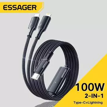 Кабель Essager 100 Вт USB C to Type C для освещения PD Быстрое зарядное устройство для передачи данных 2 в 1 Шнур для быстрой зарядки для Macbook iPhone Samsung Xiaomi 1.2m синий