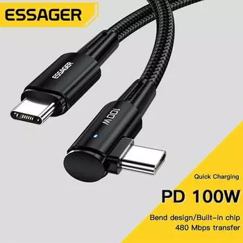 Кабель Essager 100 Вт USB Type C к USB C, угол 90 градусов для телефона, быстрая зарядка, провод Type-C, дата 1M 60W чёрный
