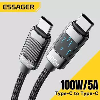 Кабель Essager 100 Вт USB Type C к USB C для Xiaomi Samsung PD 5A, кабель для быстрой зарядки Macbook iPad Pro, планшета, ноутбука, проводной шнур 1m серый