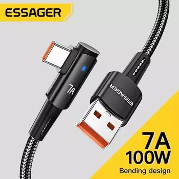 Кабель Essager 7A USB Type C, 90 градусов для OPPO, 100 Вт, шнур для быстрой зарядки для Honor, Huawei Oneplus Realme, угловое зарядное устройство, провод для передачи данных 1m синий
