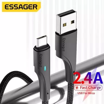 Кабель Essager Micro USB 2,4A, провод для быстрого зарядного устройства для мобильных телефонов Xiaomi Redmi, Samsung Oneplus, зарядный шнур, кабели для передачи данных Android 0.25m чёрный