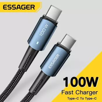Кабель Essager USB C 100 Вт 60 Вт PD QC 4,0 3,0 USB Type C Кабель для быстрой зарядки Тип C Для MacBook Pro Samsung Xiaomi Зарядный кабель 1m 60W чёрный