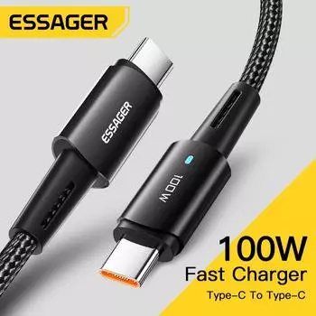 Кабель Essager USB C 100 Вт PD QC 4,0 3,0 USB Type C Кабель для быстрой зарядки Тип C Для MacBook Pro Samsung Xiaomi Зарядный кабель 0.5m 60W чёрный
