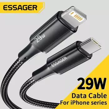 Кабель Essager USB C для IPhone 15, 14, 13, 12, 11 Pro Max Xs 8 Plus, iPad, Macbook, провод, 29 Вт, PD, для быстрой зарядки, тип C, шнур для передачи данных по освещению 0.25m чёрный
