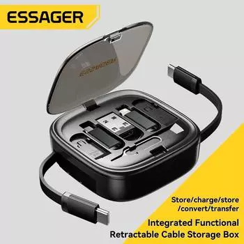 Кабель Essager USB C к Tpye C PD 60 Вт к Micro Lightning, быстрая зарядка, перенос данных, многофункциональный шнур с держателем, ящик для хранения чёрный