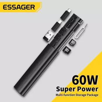 Кабель Essager USB C, кабель типа C, 60 Вт, быстрое зарядное устройство, многофункциональный смарт-адаптер, кабель для хранения данных на картах, USB-бокс для iPhone Xiaomi