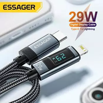 Кабель Essager USB Type C для iPhone14 13 12 11 Pro Max PD 29 Вт, провод для быстрой зарядки для iPhone, зарядное устройство, кабель цифрового дисплея 1m серый