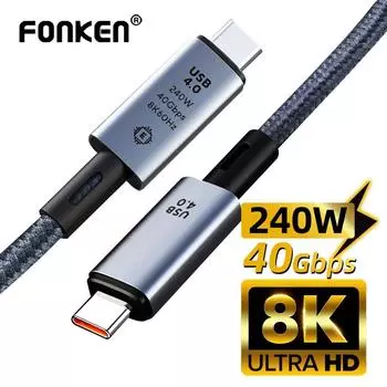 Кабель Fonken USB4, 40 Гбит/с, кабель USB C — USB C, 240 Вт, быстрая зарядка, 8K при 60 Гц, передача видео, совместимая с монитором ноутбука Thunderbolt 1M