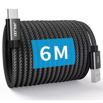 Кабель JALIXI USB C длиной 6 м, тип C, быстрая зарядка, прочный нейлоновый кабель питания USB-A — USB-C, тип C, телефон 15, Galaxy, Pixel, камера безопасности, PS5, Xbox,