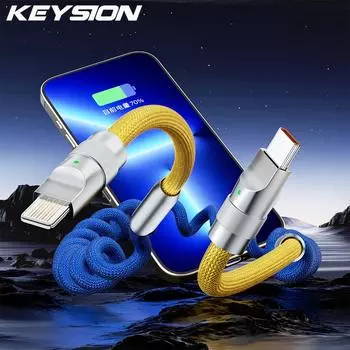 Кабель KEYSION из цинкового сплава PD 27 Вт USB C, кабель типа C-L, автомобильный пружинный кабель для быстрой зарядки, кабель для передачи данных для iPhone 14, 13, 12, 11 Pro Max SE A To L Blue Yellow-1.8m