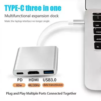 Кабель-конвертер USB-C - HDMI 3 в 1 для Samsung Huawei iPad Mac USB 3.0 USB C - HDMI Male - Female 4K USB 3.0 Кабель-адаптер серый