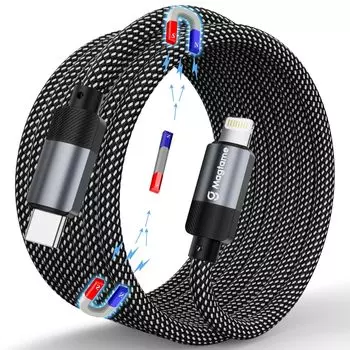 Кабель Lightning Magtame с магнитным наконечником для зарядки iPhone (MFi), двойной, быстрая зарядка, совместим с iPhone и другими устройствами, 1,5 м, USB-C, самосматывающийся, Type-C