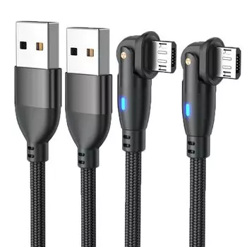 Кабель micro USB Г-образной формы [Комплект из 2 шт.] Двусторонняя вставка Кабель Micro USB Совместимость с QC3.0/2.0 Быстрая зарядка до 18 Вт Высокоскоростная передача данных через USB2.0