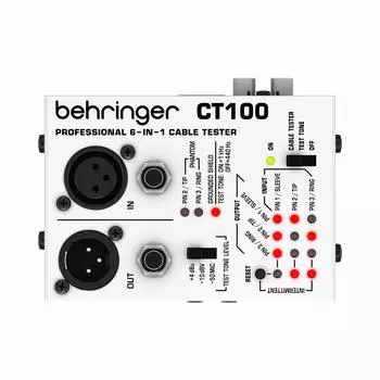 Кабельный тестер Behringer, совместимый с управляемыми 9 В тестовыми кабелями Silver XLR/TS,TRS Phones/MIDI/TT/RCA, аккумулятором, встроенным тональным сигналом, CT100, серебряный