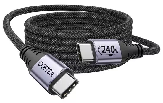 Кабель Ocetea 240 Вт USB C, сверхбыстрый кабель для зарядки, прочный нейлоновый кабель типа C, совместимый с iPhone Pro Max, MacBook, iPad, Samsung Galaxy Pixel и чёрный