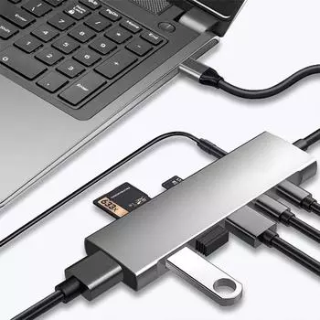 Кабель-переходник 9 в 1, металлический USB-концентратор C, двойной дисплей, зарядный адаптер Pd типа C, аудиоразъем 3,5 мм серый