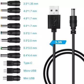 Кабель питания USB-DC 5 В с разъемом 5,5*2,1 мм и 11 размерами штекеров