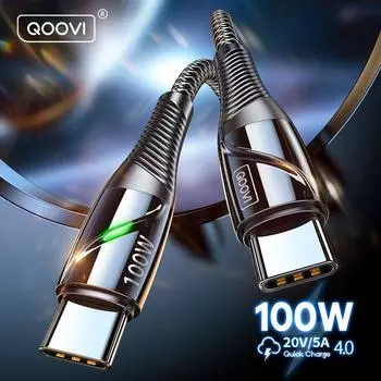 Кабель QOOVI 100 Вт USB C к USB Type C PD Quick Charge 4,0 Быстрая зарядка для Xiaomi Mi11 Samsung Macbook iPad USB-C шнур зарядного устройства 1m(3.3ft) чёрный/серебряный