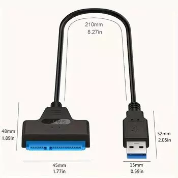 Кабель SATA-USB, адаптер жесткого диска USB 3.0-SATA III, совместимый с 2,5-дюймовыми жесткими дисками и твердотельными накопителями чёрный