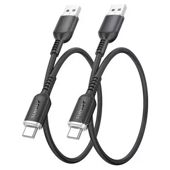 Кабель SUNGUY USB Type C, длина 0,3 м, не спутывается. Изготовлен из силикона [набор из 2 шт.] Быстрая зарядка 18 Вт, USB-A - USB-C, короткий 30 см, передача данных USB2.0