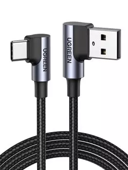 Кабель UGREEN USB Type C, совместимый с быстрой зарядкой и передачей данных, нейлоновая оплетка, высокая прочность, подходит для Xperia XZ2 Galaxy S9, L-образный, 0,5 м, QC3.0/2.0 чёрный