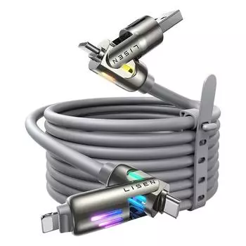 Кабель USB C 240 Вт, толстый, для быстрой зарядки, 4 в 1, кабель для передачи данных, 6,6 фута, цинковый сплав с дышащей подсветкой для телефона/MacBook/iPad 1M серый