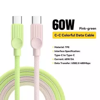 Кабель USB C Essager для iPhone 16 15 14 Xiaomi Huawei PD 60 Вт Быстрая зарядка для Samsung Macbook iPad Кабель Type C - Type C 0.25m C-C Cable розовый