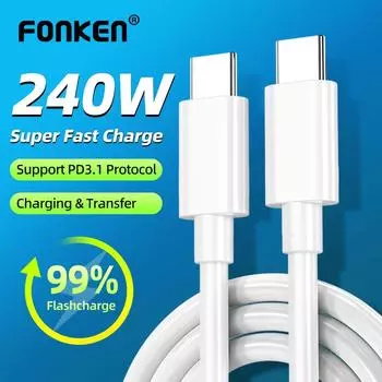 Кабель USB-C Fonken PD 240 Вт для iPhone 15 Pro Max Type-C, шнур для быстрой зарядки данных для Huawei Xiaomi Samsung белый