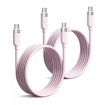 Кабель USB C Toocki 2M 60W [Комплект из 2 шт.] Тип C, быстрая зарядка, совместимый с PD/QC, мягкий силиконовый кабель, не запутывается, в комплекте с кабельными стяжками, розовый кабель для зарядки