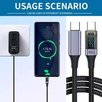 Кабель USB C - USB C, кабель для быстрой зарядки 100 Вт, кабель для передачи данных 480 Мбит/с с интеллектуальным дисплеем питания для ноутбуков, телефонов, планшетов 50CM фиолетовый