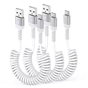 Кабель USB Type C 1,2 м*3 шт. спирального типа, удлинительный кабель для зарядки iPhone 15, кабель QC3.0 для быстрой зарядки, кабель Type C, высокоскоростная передача данных, макс. 3 А, USB-A к