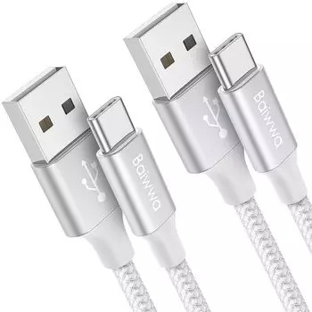 Кабель USB Type C, белый [1,5 м, комплект из 2 шт.] Baiwwa USB-A — USB-C, быстрая зарядка, высокоскоростная передача данных Type C для iPhone 16, 15 Pro Plus, Galaxy S22, S21, S20