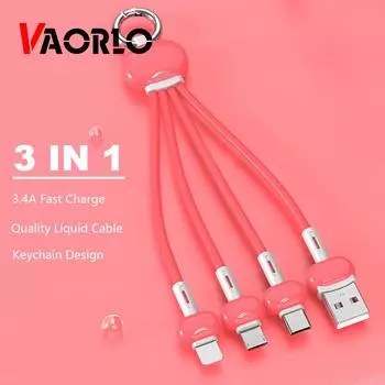 Кабель VAORLO 3.4A 3 в 1, кабель для быстрой зарядки Type-C, USB-кабель для зарядки с микро освещением, высокая совместимость для iphone, Android, телефон, кабель для передачи данных красный