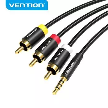 Кабель Vention 3,5 мм на 3RCA, штекер 3,5 мм на штекер 3RCA для DVD-телевизора, кабель 1,5 м/2 м 1.5m чёрный
