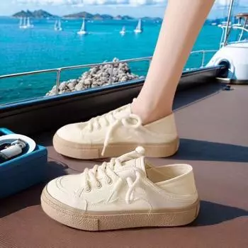 Каблук можно наступать на полускользящие парусиновые туфли женские 2024 весна новые нишевые оригинальные универсальные маленькие белые туфли с юбкой женские туфли 35 белый
