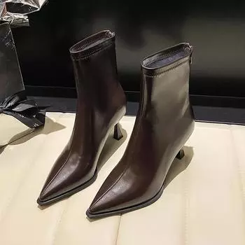 каблук Узкие ботильоны для женщин Осень-зима Французские модные ботинки с высоким каблуком и щиколоткой заостренные сзади ботинки на молнии женские 35 чёрный