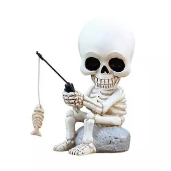 Качающая головой Рыбацкая Череп Смола Мини Скелет Рыбак Скульптура Хэллоуин Готический Декор Сад Пруд Фонтан Декор белый