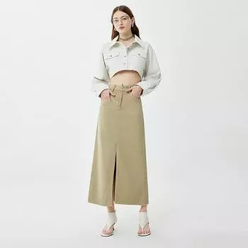 Качественная и дизайнерская женская джинсовая юбка А-силуэта, модная и универсальная полуюбка. S хаки
