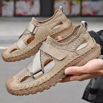 Качественная обувь для мужчин, сандалии для отдыха, мужские сетчатые повседневные кожаные туфли ручной работы, мужские сандалии, трендовые кроссовки для ходьбы, летняя обувь 39 чёрный