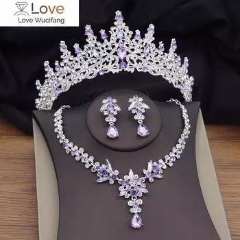 Качественные фиолетовые хрустальные свадебные комплекты ювелирных изделий для женщин, роскошная тиара, корона, ожерелье, комплект свадебных сережек для невесты