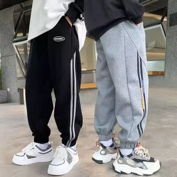 Качественные китайские хлопковые брюки для мальчиков, модные универсальные повседневные брюки, свободные брюки, детские спортивные брюки 120 чёрный