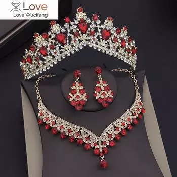 Качественные комплекты свадебных украшений из красного кристалла для женщин, диадемы, короны, ожерелья, серьги для невесты, свадебное платье, комплект ювелирных изделий в Дубае
