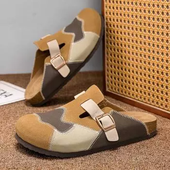 Качественные мужские мюли из коровьей замши, коричневые, прошитые, полуботинки для мужчин, домашняя платформа, мужские пробковые тапочки, с закрытым носком, парные повседневные сандалии 36